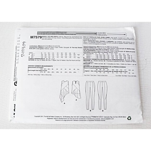 McCalls Sewing Pattern 7579 Misses' Asymmetrical Seam-Detail Top and Pants Size - Picture 3 of 3